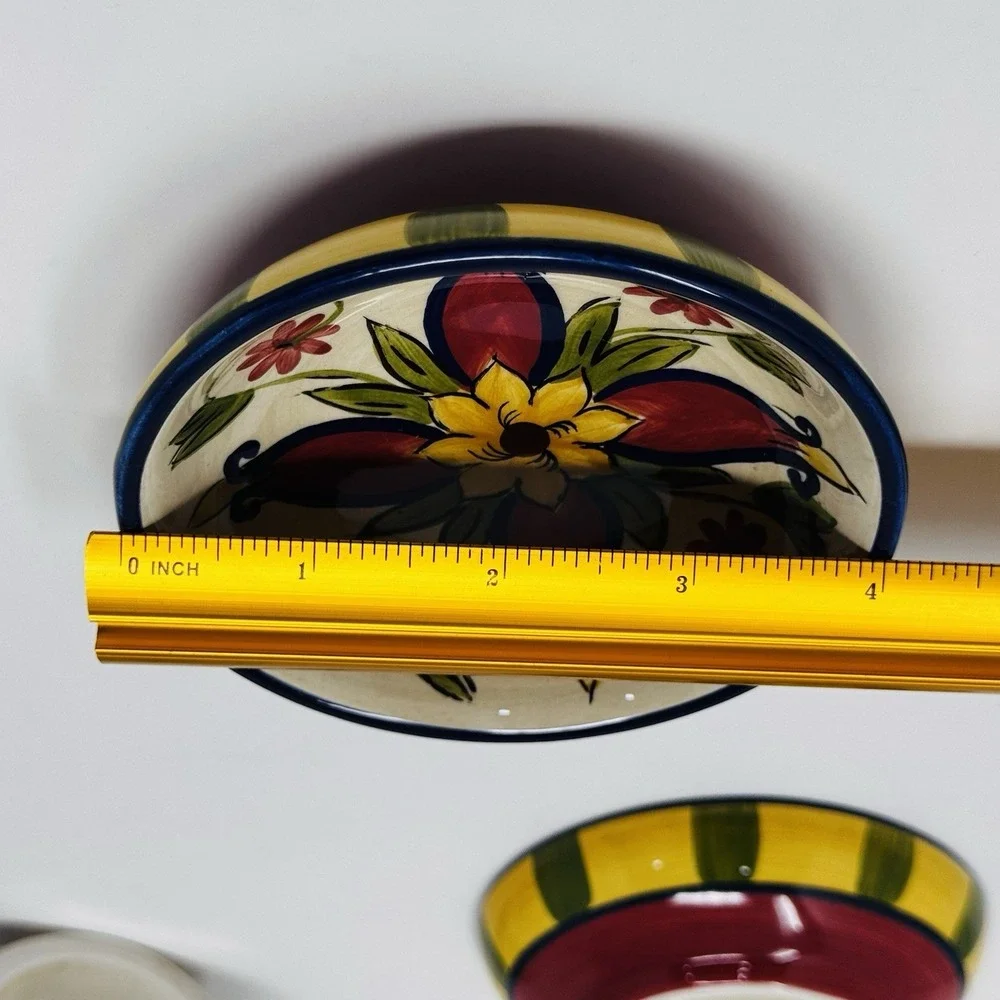 Pier 1 Vallarta Hand Painted Earthenware Oil Cruet & 4 Dip Bowls Floral Colorful